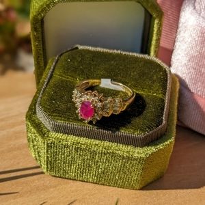 Vintage Art Deco Style Ruby Diamond 10K Yellow Gold Ring Size 6.5